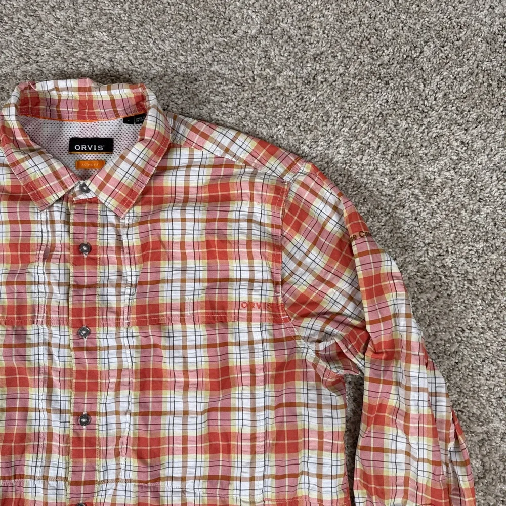 Orvis Shirt Mens Medium Orange Plaid‎ Active Fit Ventilated Fishing Button Down